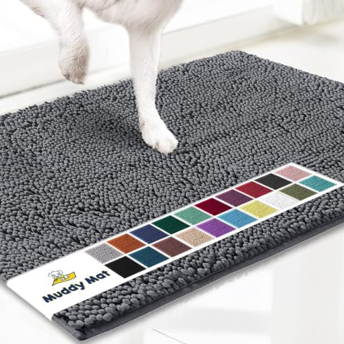 Muddy Mat AS-SEEN-ON-TV Highly Absorbent Microfiber Door Mat and Pet Rug, Non Slip Thick Washable Area and Bath Mat Soft Chenille for Kitchen Bathroom Bedroom Indoor and Outdoor - Grey Medium 30X19