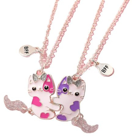 Saalort Best Friends Necklace for 2 Magnetic Split Heart Necklaces Set Friendship Gifts BFF Matching Pendant (Cat)