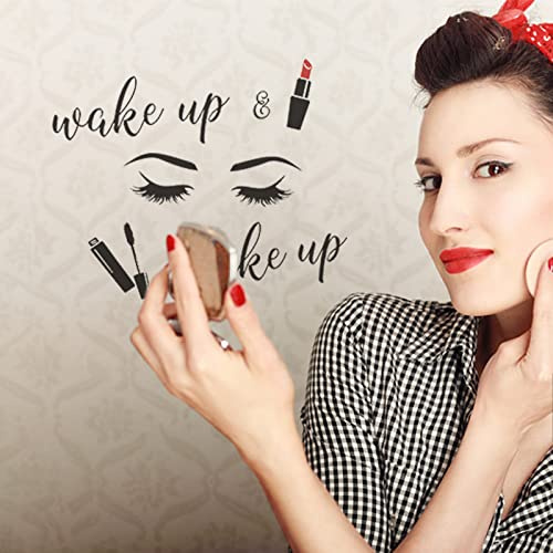 SUPERDANT Adesivo da Parete Wake Up Make Up Adesivi Muro Cosmetici per Ciglia Motivo Lettering In Vinile Adesivo Muro Decorativo per Camera Da Letto Stanza Da Bagno Arredo Bagno 59x35 cm