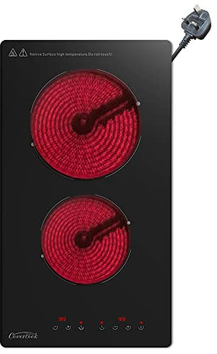 COVERCOOK Plug in Ceramic Hob 2 Zone, Built-in Electric Hob 30cm with Touch Control, Domino Portable Electric Ceramic Hob 2 Ring, 2900W, 9 Power Levels, Timer, Residual Heat Indicator, Black