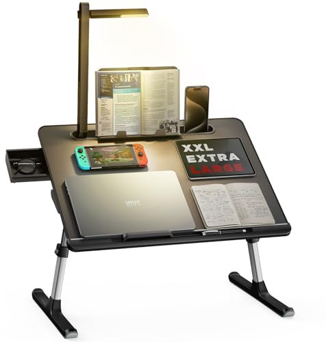 Laptoptisch Betttisch, SAIJI Bett Tisch mit LED Lampe, Höhen Winkel verstellbar, mit Buchständer, Schublade, Lap Stopper, Tablet Schlitz, Schlittenbeine