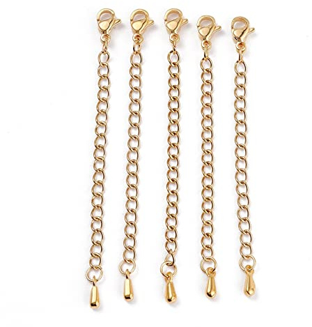PandaHall 5 st halsband i 304 rostfritt stål, kedjeförlängare, guldpläterad, förlängningskedja för smycken, med hummerlås och droppände för armband, halsband, smyckestillverkning, hantverk