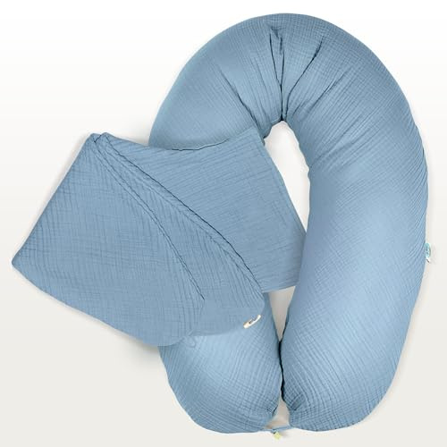 sei Design Housse de coussin d'allaitement en mousseline 100 % coton biologique - Housse pour coussin d'allaitement XXL - Coussin de positionnement latéral - 190 x 35 cm - Lavable