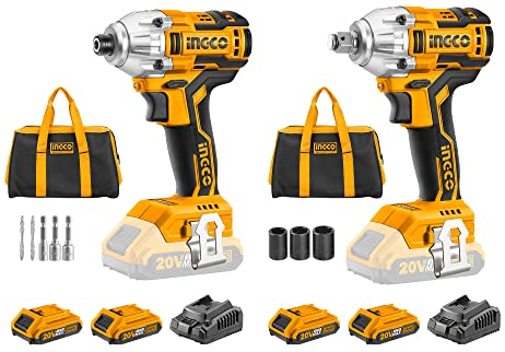 INGCO 20V Kit de Taladro Atornillador y Llave de Impacto sin escobillas, Con 2pcs 2.0Ah Baterías y Cargador, con Accesorios CDLI2002+CIWLI2001