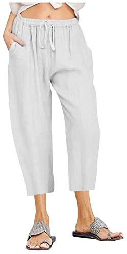 Sommer Hosen Frauen Business Hose Damen Stoffhose Damen Weites Bein Einfarbiges Tunnelzug Leinenhose Mit Taschen Locker 7/8 Hosen Regenhose Damen (Weiß, 3XL)