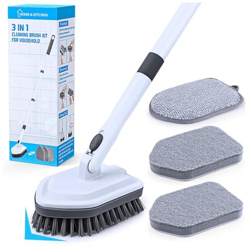 Reinigungsbürste Bad mit 52/132cm Langem Stiel, 3 in1 Schrubber Mit Stiel Scheuerschwamm mit Feststellknopf, Ausziehbare Bürste Reinigung Für Badezimmer, Toilette, Boden, Wanne, Fliesen, Waschbecken