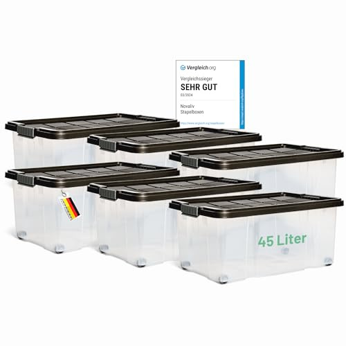 Novaliv 6x Aufbewahrungsboxen mit Deckel Groß 45L Anthrazit Nestbar stapelbar mit Clipverschluss Rollboxen Kunststoff BPA-frei 61x40x26 cm