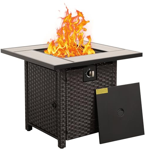 50000 BTU Brown Wicker Gas Fire Pit Outdoor Fire Pit Table 30 Inch Fire Pits for Outside with Woodgrain Marble Tabletop Fire Pit Cover and Blue Crystal Beads