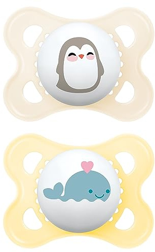 MAM Original Dummy i set om 2, tandvänlig babynapp tillverkad av hållbara och organiska förnybara material, napp av MAM SkinSoft silikon, med napplåda, 0–6 månader, pingvin/val