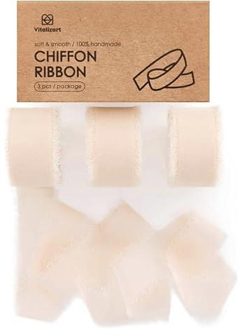 Vitalizart Light Nude Silky Ribbon, 1 x 21 Yd, Frayed Edge Chiffon Ribbon for Wedding Invitation, Bridal Bouquet, Decoration, Gift Wrapping, Bow Making