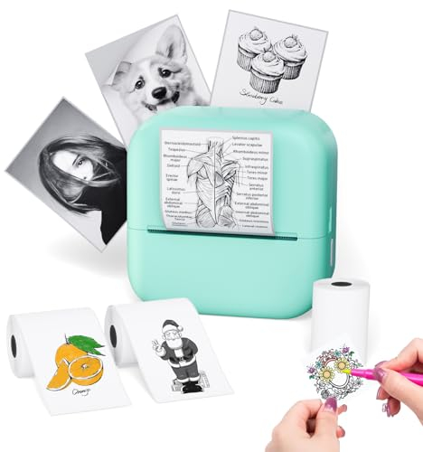 Sticker Drucker Mini für Smartphone, Bluetooth Thermodrucker 203DPI, Pocket Aufkleber Drucker M02L Farbig, inklusive 3 Papierrolle für Studium, Journal, Fotos, Geschenke & Anatomische Diagramme, Grün