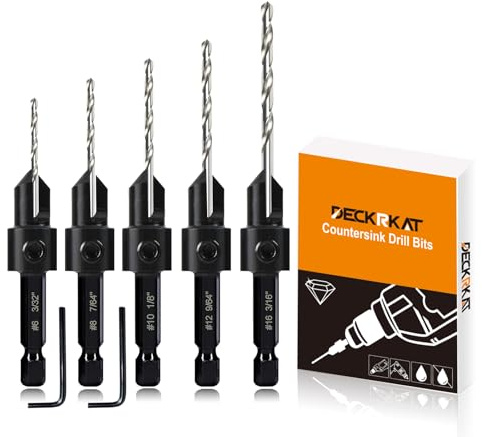 5-pc Woodworking Countersink Counterbore Drill Bit Set 3in1 for #6 8 10 12 16 Screws, M2 Pilot Drill Bits Adjustable Depth, 82-Degree Chamfer with Stop, 1/4” Hex Shank, Includes 2 Allen Wrenches