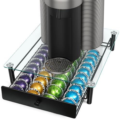 Coffee Pod Drawers, Crystal Tempered Glass Pod Holder Drawer Compatible with Nespresso Capsules, Holds Up to 40 Capsules, Size 14x15.5x4.5
