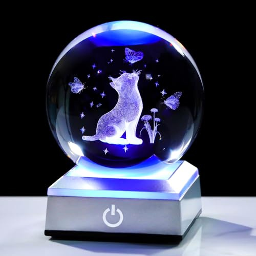 Movdyka Crystal 3D Cat and Butterfly 3.15in Ball Figurine Gifts for Women Ornaments for Room with LED Light Base Keepsakes for Cat Lover Home Decor Glass Paperweight