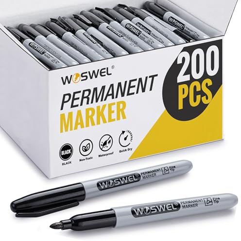 WOSWEL Permanent Markers Bulk, 200 Pack, Black Permanent Marker Pens, Fine Tip, Waterproof, Quick Drying, Smooth Writing, Used on Glass Metal Stone Paper Most Surfaces, Office School Supplies