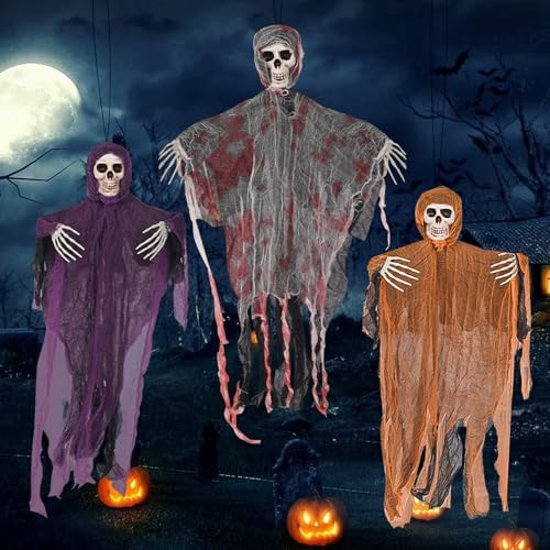 3 Stück Halloween Hängende Sensenmänner, Skelett Deko Horror, Halloween Dekorationen Geist, Skelett Geister Dekor, für Garden, Draußen Deko, Horror Party