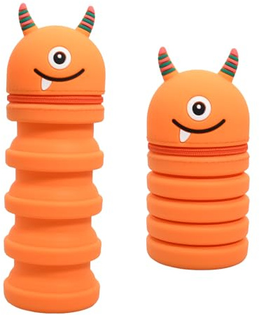 Astuccio Telescopico per Scuola, Portamatite da Scrivania 2 in 1, Piccolo Scatola Porta Cancelleria per Ufficio, Materiale Scolastico, Astuccio Regolabile Impermeabile in Silicone (Mostro Arancione)