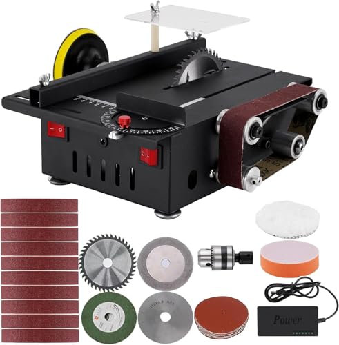 300W Mini Table Saw with Belt Sander,Small Bench Saw for Woodworking with 10 Replacement Sanding Belts, Sanding Disc & Sponge Wheel,Table Saws & Mini Sanding Disc Machine for Handmade DIY Hobby Model