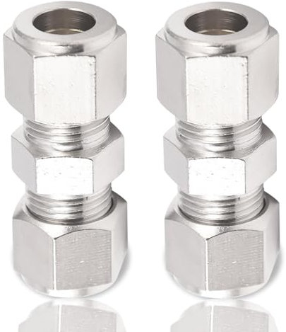 2 Stück 10mm Kompressionsrohr Verschraubung, 10 mm OD x 10 mm OD Edelstahl Klemmringverschraubung, Gerade Verschraubungen Klemmverschraubung, Einsetzbar für Rohrleitungen, Luftkompressoren Silver