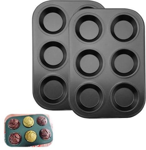 Witeup Muffin Trays, 2 Pack Carbon Steel Baking Tray, Black 6 Cup Large Non-Stick Jumbo Tins for Cupcakes, Quiche Dish Bakeware