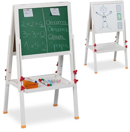 Relaxdays Lavagna per Bambini Kinderstandtafel, höhenverstellbar, magnetisch, Whiteboard & Kreidetafel, HBT: 81-104 x 45 x 42 cm, Holz, weiß