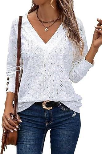 Placitiume Camisetas bordadas de encaje para mujer - Tops elegantes y casuales con cuello en V de manga larga con botones para el otoño 2024, Color blanco., S