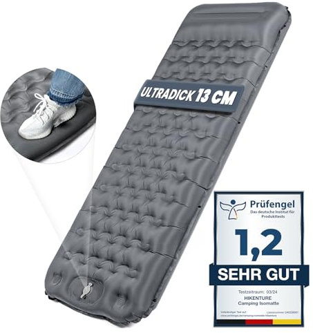 HIKENTURE Camping Isomatte, 13CM Ultradicke Isomatte Camping mit Kissen, Aufblasbare Luftmatratze Kleines Packmaß, Ultraleichte Schlafmatte mit Fußpumpe für Outdoor, Wandern, Zelt - Grau
