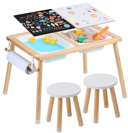 VEVOR Mesa y Sillas Sensoriales para Niños, Mesa de Actividades con 2 Taburetes, 2 Contenedores de Almacenamiento y Soporte para Rollos de Papel, Mesa Sensorial de Agua y Arena para Juegos para Niños