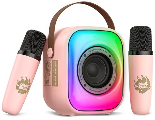 PHNIXGAM Mini Karaoke Machine, Portable Bluetooth Speaker with 2 Wireless Microphones, Karaoke Microphone with LED, Speaker Support for TF Card/USB, AUX in (Pink)