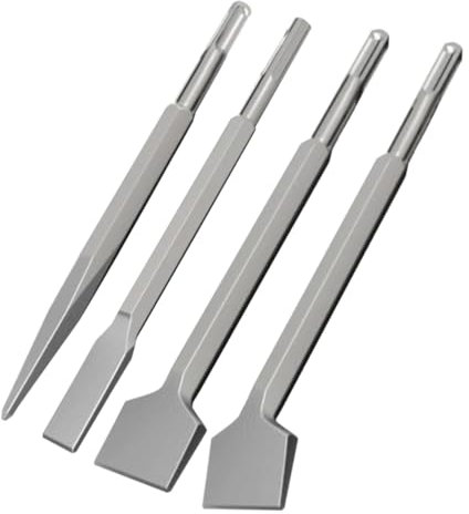 Mokaskaidj Scalpello Set of 4 - 1x Punta, 1x Piatto, 2x Piastrelle - Chisels for Masonry, Tiles, Concrete and Stone With SDS Plus