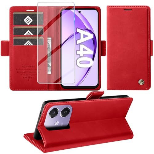 Giyer Cover per OPPO A40/A40M/A60 5G Custodia con Vetro Temperato, Premium Pelle PU Portafoglio Slot per Scheda RFID Antifurto Funzione Supporto Flip Case, Antiurto per OPPO A40 Cover (Rosso)