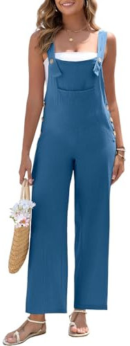 HOTIAN Salopette da donna in lino, estivo, elegante, in lino, lungo, casual, con grandi tasche, Blu, S
