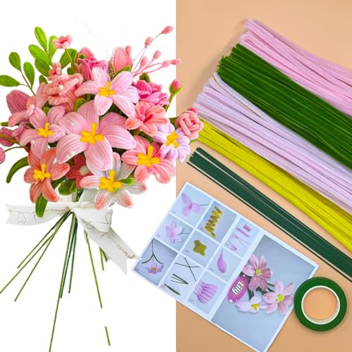 KNJOMZIE 340 Stück Pfeifenreiniger zum Basteln Blumen Set, Pfeifenreiniger Blumen Set in 4 Farben, Pfeifenputzer zum Basteln, Pipe Cleaner DIY Set für Erwachsene mit Anleitung & Chenilledraht