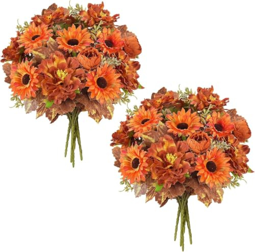 6Pcs Kunstblumen Herbst Künstliche Blumen Pfingstrosen Chrysanthemen Orange | Kunstblumenstrauß mit Ahornblättern Herbstblumen Künstlich für Herbstdeko Haus Garten Esstisch Hochzeit Festliche Dekoration
