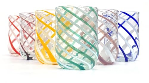 MAZZEGA ART & DESIGN - 6 verres à eau - cylindre SPIRAL - en verre, soufflés et travaillés à la main avec verre de Murano, ligne « Couleurs de Murano » 400 ml. Fabriqué en Italie (6, MIX)