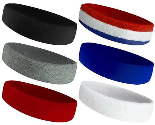 6-Pack Sweatbands Sports Headband for Men & Women - Moisture-Wicking Terry Cloth Headbands for Running, Basketball, Tennis, Gym & Workout - Non-Slip Sports Sweat Bands for Long Hair & Intense Training