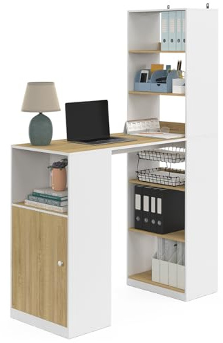 IDMarket - Bureau Lung avec rangements et Placard 2 Personnes Blanc et Bois