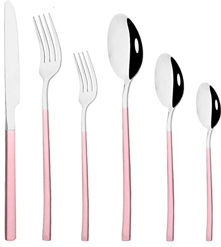 CRBUDY Ensemble de Couverts de Table en Acier Inoxydable, 6 pièces, Rose et Or, Couteau, Fourchette, cuillère à café, Service de Table, Service de Couverts de Cuisine, Rose (Rose et Argent)
