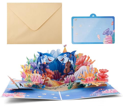 Penitue Biglietti Pop Up Compleanno a Tema Oceano, Squalo Barriera Corallina Vita Marina Biglietto di Auguri 3D per Compleanno Anniversario Ragazzi Ragazze Uomini Bambini Amanti del Mare