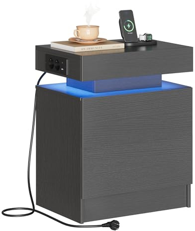 IRONCK Nachttisch Grau mit LED-Licht & Ladefunktion, Beistelltisch mit USB+Typ-C Anschlussen, Nachtschrank mit 2 Schubladen, Sofatisch für Schlafzimmer, Wohnzimmer, 35 x 48 x 60 cm