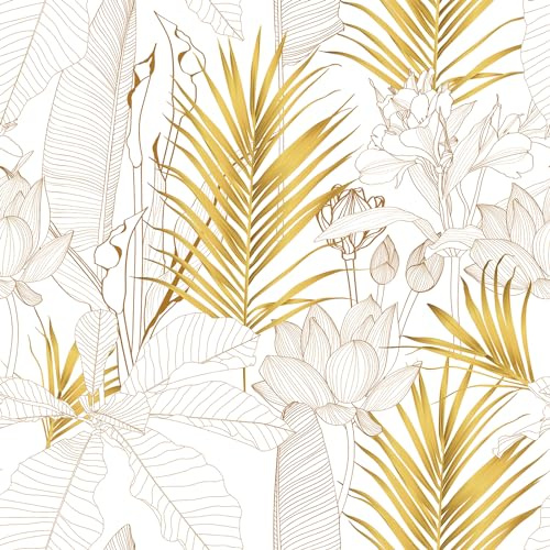 VEELIKE Papier Peint Fleuri Lotus Doré Boho 44,5 cm × 900 cm Papier Peint Feuillage Or Feuilles de Palmier Tropicales Papiers Peints Adhesif Mural Chambre Salon Autocollants Décoratifs Salle de Bain