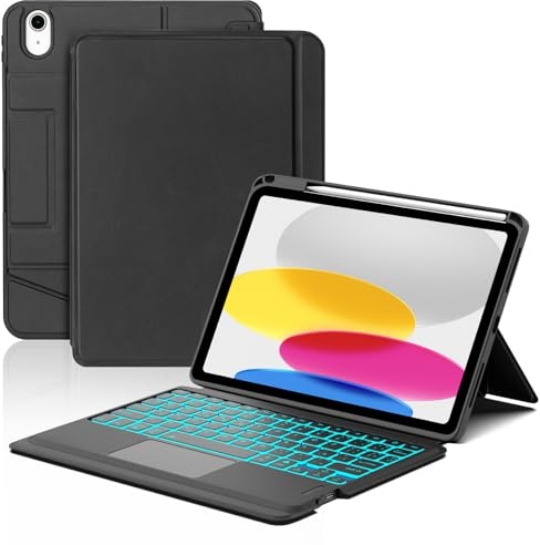 WAVATA Funda Teclado para iPad 10 Generación 2022/11 Generación A16 2025, Español Ñ- Retroiluminado Bluetooth Trackpad Teclado para iPad 11 Generación A16 2025, Negro