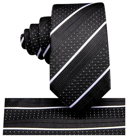 Hi-Tie Set di cravatta auto-allacciata per ragazzi in seta, con fazzoletto da taschino, per matrimoni, per bambini di età 8-11 anni, Nero e bianco, 48 inches x 2.36 inches