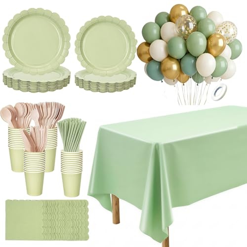 182 platos y servilletas de papel verde salvia, vasos, globos, popotes, suministros de fiesta verde salvia, incluyendo platos, vasos, servilletas, pajitas para baby shower, cumpleaños, boda, fiesta