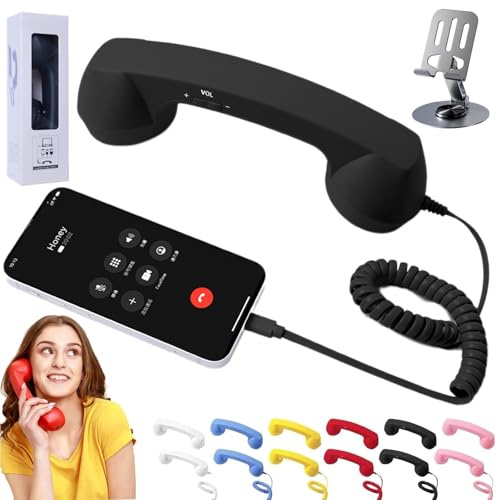 NNBWLMAEE Retro Phone Handset, Vintage Wired Handheld Cell Phone Receiver with Microphone, Bluetooth/Type-C Retro Telephone Style Landline Handle Receiver Cell Mobile Phones (Type-C,Black)
