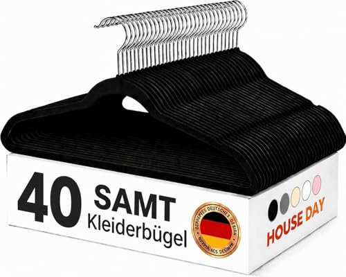 HOUSE DAY Kleiderbügel Samt 40 Stück, Kleiderbügel Platzsparend, Schwarz | Rutschfeste, Schmale Bügel mit 360° drehbarem Haken, Premium Anzugbügel für mehr Ordnung und Platz im Kleiderschrank