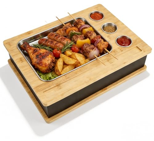 Warmhalteplatte Grillgut, Holz Speisenwärmer mit 304 Edelstahl Grillplatte und Dip-Schale, BBQ Fleischwarmhalter Teelichtbetrieb, Kindersicher & Anti-Hitze, Perfekt für Grillparty & Familienfeier