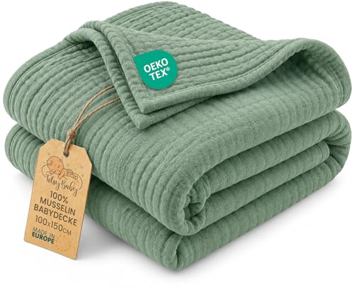 Babyfilt sommar tunn muslinfilt 100 x 150 cm - lätt andningsbar filt bomull barnvagn vagn – solskydd nyfödd baby spädbarn mjuk resefilt babylift flicka pojke present Oeko-Tex Salvia