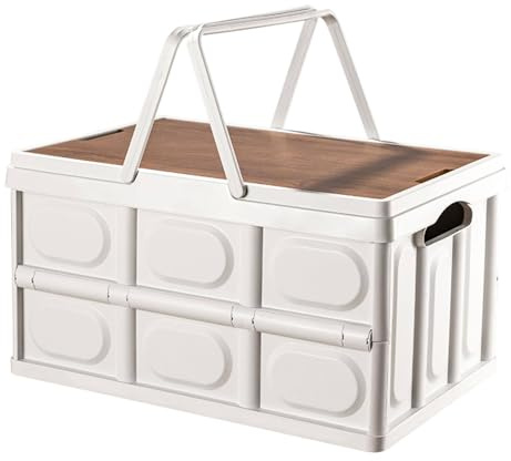 Well Home Caja de almacenamiento plegable color Blanco con tapa imitación madera 39,6x26,3x21cm