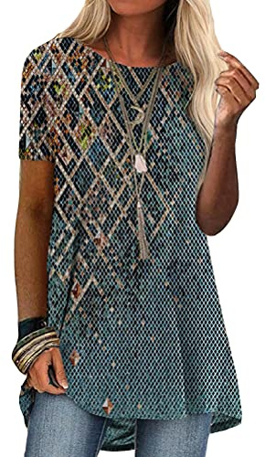 ORANDESIGNE T-Shirt Long pour Femme à Manche Courte T-Shirt Col Rond Blouse Eté Ample Casual Tops Imprimé Colorées Tee Shirt Mode Tops T-Shirt Lâche Haut Long Blouse D Bleu L